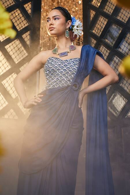 Label Deepshika Agarwal_Blue Cotton, Silk, Taffeta Sequins, Embroidery Pre-draped Saree With Corset _at_Aza_Fashions