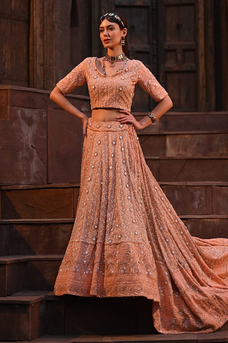 Label Deepshika Agarwal Peach Couture Georgette Embroidered Sequin Round And Cutdana Lehenga Set