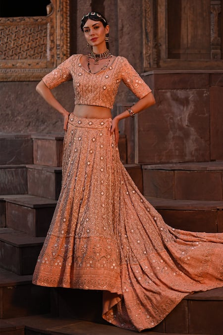 Shop_Label Deepshika Agarwal_Peach Georgette, Taffeta Sequins, Cut Work, And Cutdana Embroidered Lehenga Set _at_Aza_Fashions
