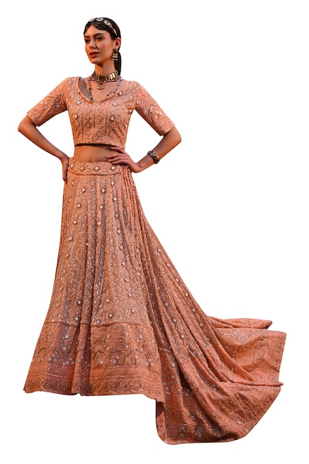 Label Deepshika Agarwal Peach Georgette, Taffeta Sequins, Cut Work, And Cutdana Embroidered Lehenga Set Online at Aza Fashions Label Deepshika Agarwal_Peach Georgette, Taffeta Sequins, Cut Work, And Cutdana Embroidered Lehenga Set _Online_at_Aza_Fashions