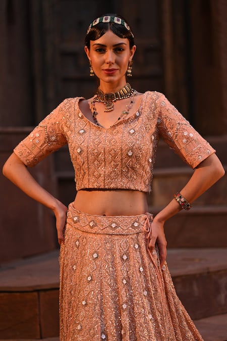 Buy_Label Deepshika Agarwal_Peach Georgette, Taffeta Sequins, Cut Work, And Cutdana Embroidered Lehenga Set _Online_at_Aza_Fashions