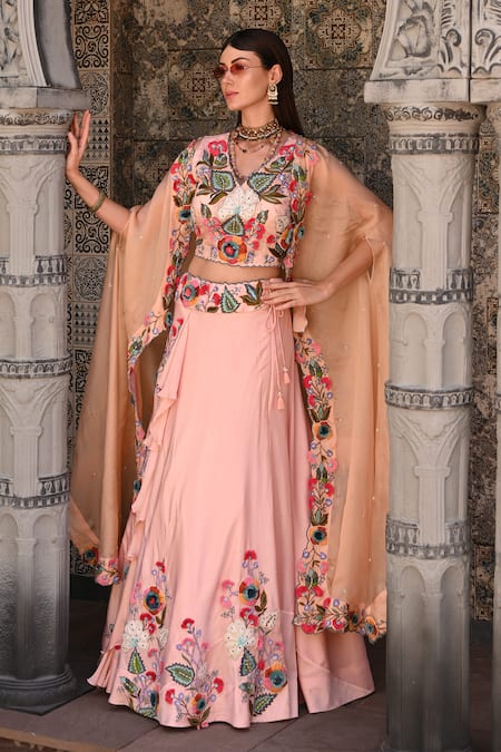 Shop_Label Deepshika Agarwal_Peach Cotton, Organza, Taffeta Embroidery V-neck Floral Lehenga Set With Cape _at_Aza_Fashions