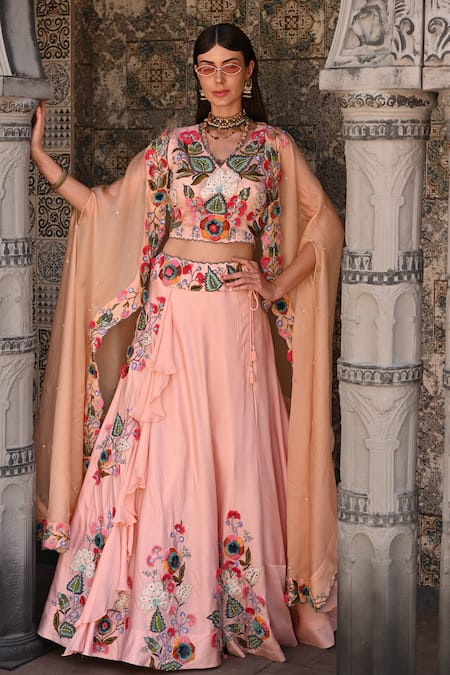 Label Deepshika Agarwal_Peach Cotton, Organza, Taffeta Embroidery V-neck Floral Lehenga Set With Cape _Online_at_Aza_Fashions