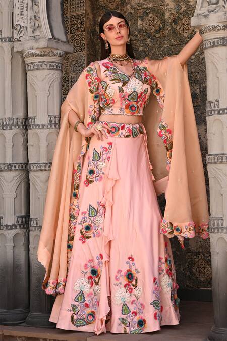 Buy_Label Deepshika Agarwal_Peach Cotton, Organza, Taffeta Embroidery V-neck Floral Lehenga Set With Cape _Online_at_Aza_Fashions
