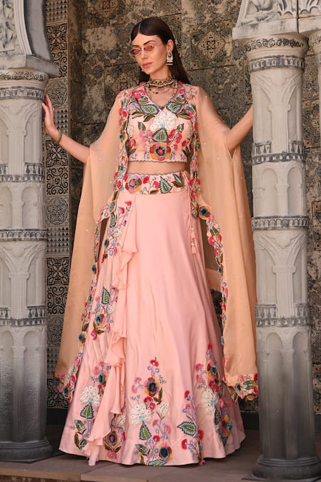 Shop_Label Deepshika Agarwal_Peach Cotton, Organza, Taffeta Embroidery V-neck Floral Lehenga Set With Cape _Online_at_Aza_Fashions