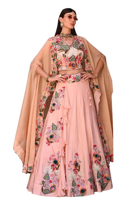 Label Deepshika Agarwal Peach Cotton, Organza, Taffeta Embroidery V-neck Floral Lehenga Set With Cape at Aza Fashions Label Deepshika Agarwal_Peach Cotton, Organza, Taffeta Embroidery V-neck Floral Lehenga Set With Cape _at_Aza_Fashions