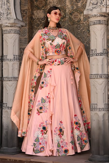 Buy_Label Deepshika Agarwal_Peach Cotton, Organza, Taffeta Embroidery V-neck Floral Lehenga Set With Cape 
