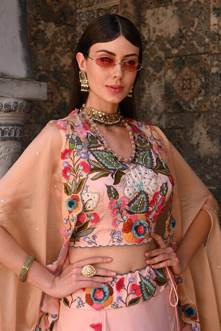 Shop Label Deepshika Agarwal Peach Cotton, Organza, Taffeta Embroidery V-neck Floral Lehenga Set With Cape Shop_Label Deepshika Agarwal_Peach Cotton, Organza, Taffeta Embroidery V-neck Floral Lehenga Set With Cape