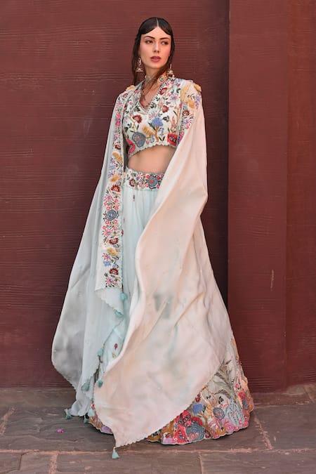 Label Deepshika Agarwal Blue Couture Silk Embroidered Thread V Neck Floral Bridal Lehenga Set