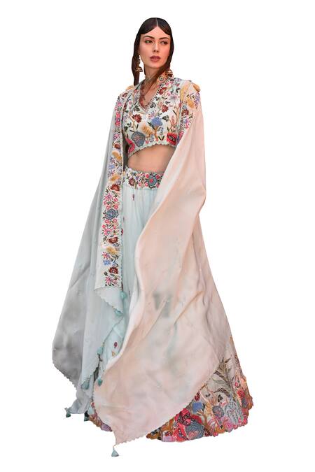 Label Deepshika Agarwal_Blue Silk, Organza, Cotton Sequins, Beads, Embroidery Floral Bridal Lehenga Set _Online_at_Aza_Fashions
