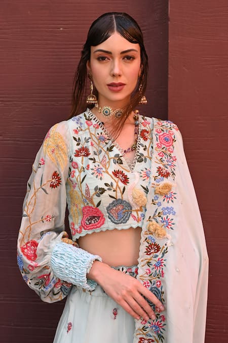 Buy_Label Deepshika Agarwal_Blue Silk, Organza, Cotton Sequins, Beads, Embroidery Floral Bridal Lehenga Set _Online_at_Aza_Fashions