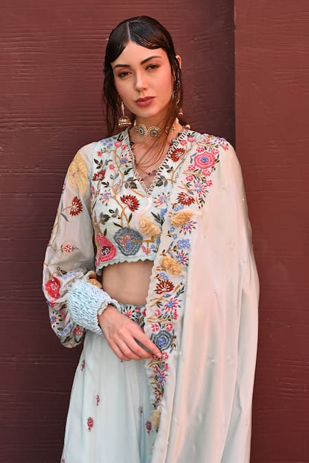 Shop_Label Deepshika Agarwal_Blue Silk, Organza, Cotton Sequins, Beads, Embroidery Floral Bridal Lehenga Set _Online_at_Aza_Fashions