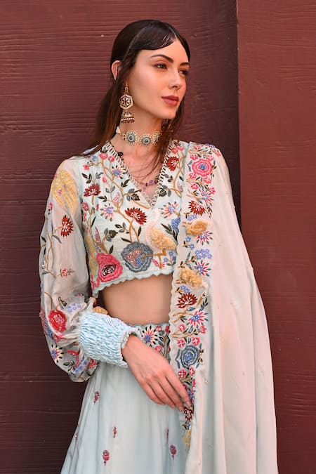 Label Deepshika Agarwal_Blue Silk, Organza, Cotton Sequins, Beads, Embroidery Floral Bridal Lehenga Set _at_Aza_Fashions