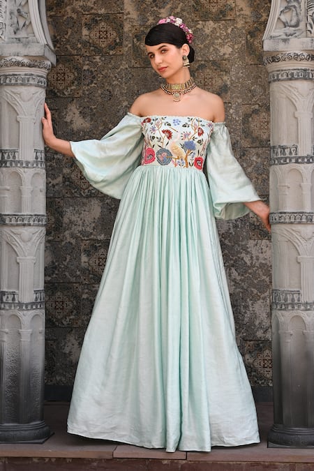 Label Deepshika Agarwal Blue Couture Linen Silk Embroidered Floral Straight Off-shoulder Gown