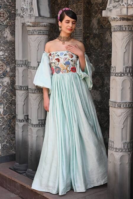 Buy_Label Deepshika Agarwal_Blue Couture Linen Silk Embroidered Floral Straight Off-shoulder Gown _Online_at_Aza_Fashions