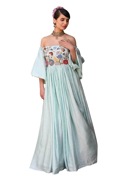 Shop Label Deepshika Agarwal Blue Couture Linen Silk Embroidered Floral Straight Off-shoulder Gown Online at Aza Fashions Shop_Label Deepshika Agarwal_Blue Couture Linen Silk Embroidered Floral Straight Off-shoulder Gown _Online_at_Aza_Fashions