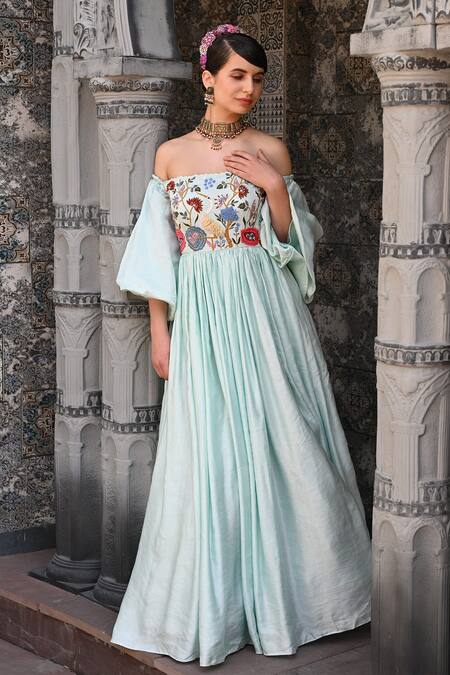 Label Deepshika Agarwal_Blue Couture Linen Silk Embroidered Floral Straight Off-shoulder Gown _at_Aza_Fashions