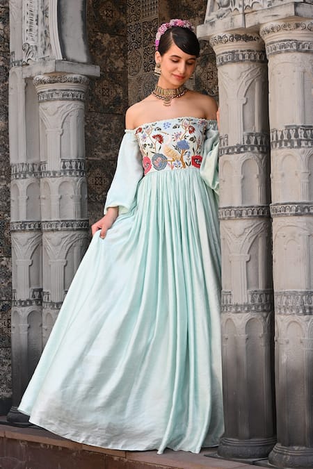 Buy_Label Deepshika Agarwal_Blue Couture Linen Silk Embroidered Floral Straight Off-shoulder Gown 