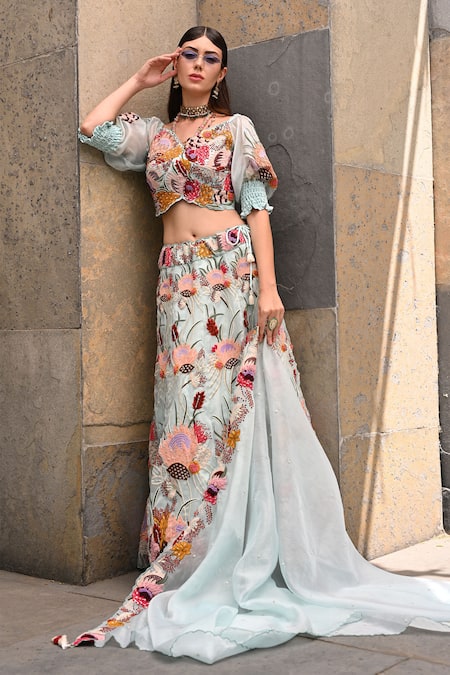 Shop_Label Deepshika Agarwal_Blue Organza, Cotton Embroidery Sweetheart Neck Floral Thread Work Lehenga Set _at_Aza_Fashions