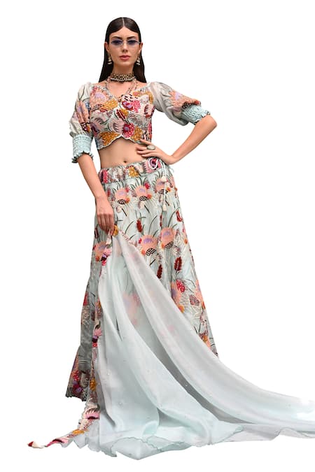 Label Deepshika Agarwal Blue Organza, Cotton Embroidery Sweetheart Neck Floral Thread Work Lehenga Set Online at Aza Fashions Label Deepshika Agarwal_Blue Organza, Cotton Embroidery Sweetheart Neck Floral Thread Work Lehenga Set _Online_at_Aza_Fashions
