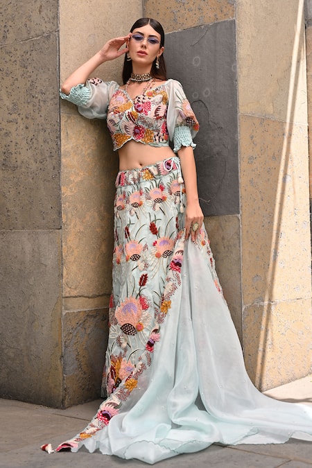 Buy_Label Deepshika Agarwal_Blue Organza, Cotton Embroidery Sweetheart Neck Floral Thread Work Lehenga Set _Online_at_Aza_Fashions