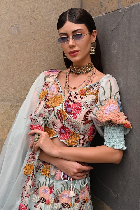 Shop_Label Deepshika Agarwal_Blue Organza, Cotton Embroidery Sweetheart Neck Floral Thread Work Lehenga Set _Online_at_Aza_Fashions