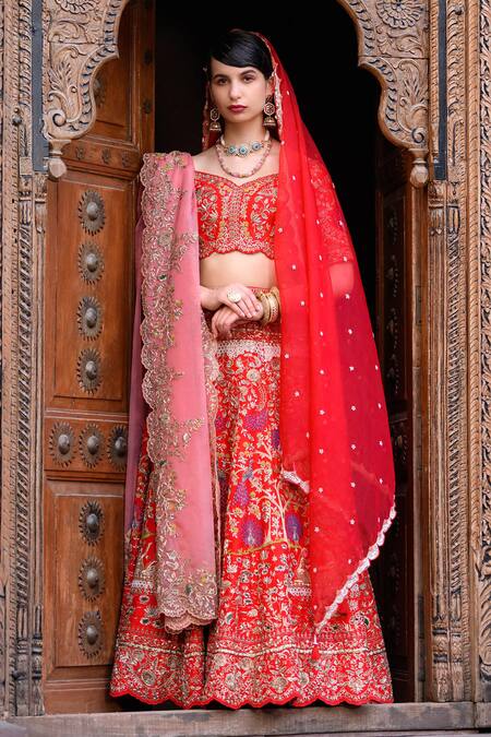 Shop_Label Deepshika Agarwal_Red Cotton, Silk, Organza, Chiffon Floral And Bird Motif Bridal Lehenga Set _Online_at_Aza_Fashions