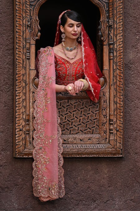 Label Deepshika Agarwal_Red Cotton, Silk, Organza, Chiffon Floral And Bird Motif Bridal Lehenga Set _at_Aza_Fashions