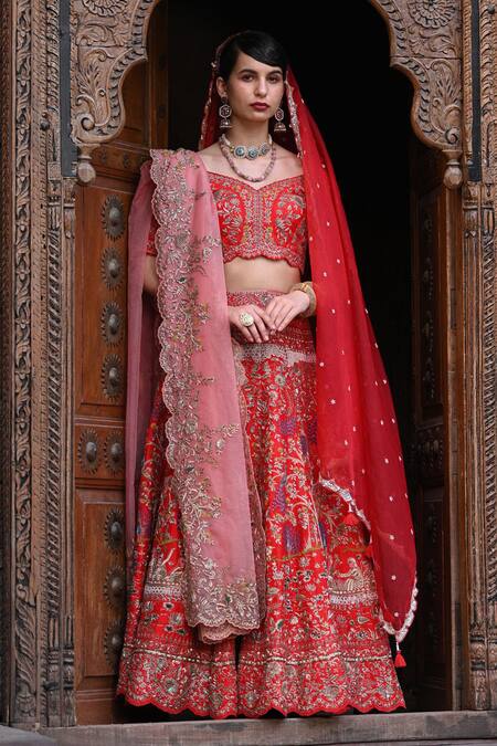 Buy_Label Deepshika Agarwal_Red Cotton, Silk, Organza, Chiffon Floral And Bird Motif Bridal Lehenga Set 
