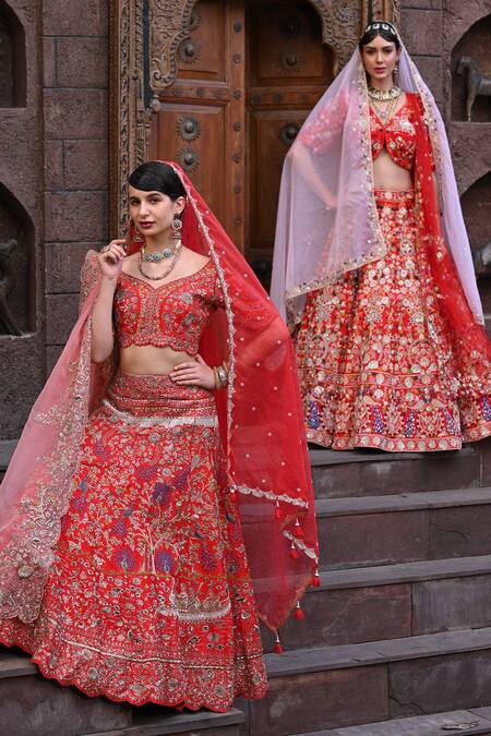 Label Deepshika Agarwal_Red Organza, Taffeta, Cotton Sequins, Embroidery And Thread Bridal Lehenga Set _Online_at_Aza_Fashions