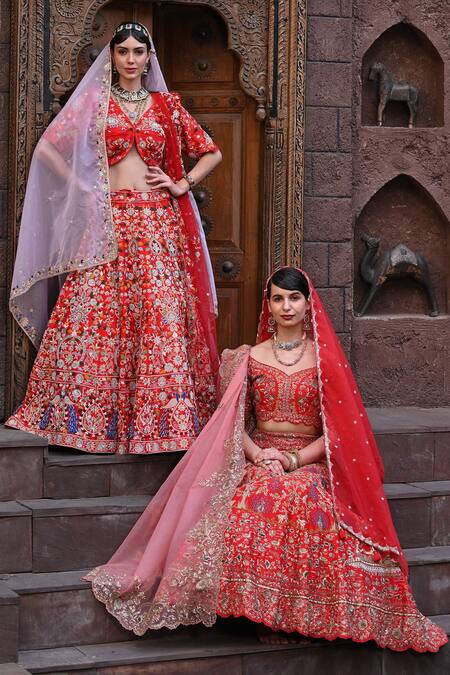 Buy_Label Deepshika Agarwal_Red Organza, Taffeta, Cotton Sequins, Embroidery And Thread Bridal Lehenga Set _Online_at_Aza_Fashions