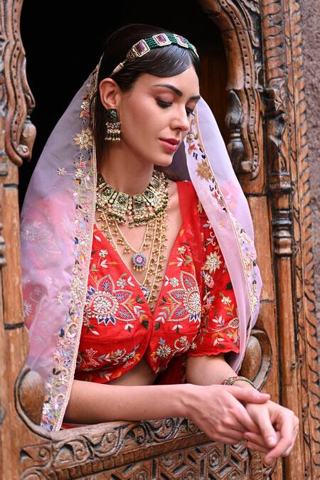 Label Deepshika Agarwal_Red Organza, Taffeta, Cotton Sequins, Embroidery And Thread Bridal Lehenga Set _at_Aza_Fashions