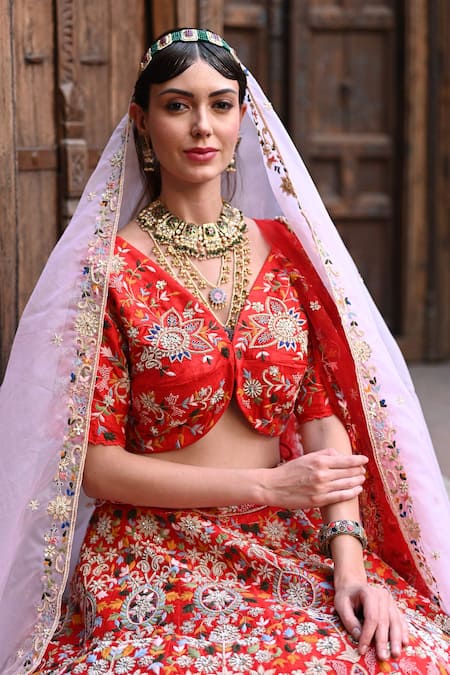 Buy_Label Deepshika Agarwal_Red Organza, Taffeta, Cotton Sequins, Embroidery And Thread Bridal Lehenga Set 