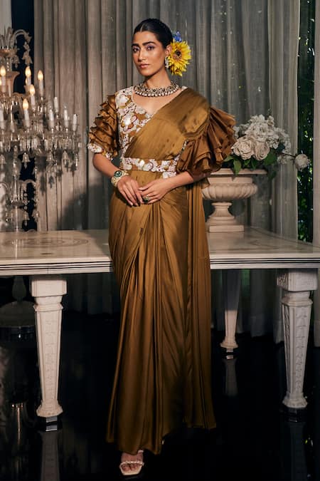 Label Deepshika Agarwal Brown Organza Embroidered Floral Leaf Pre-draped Ruffled Saree With Blouse