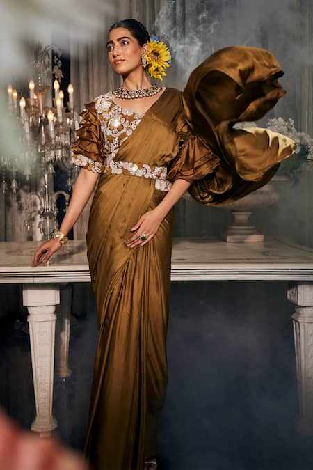 Label Deepshika Agarwal Pre-Draped Ruffled Saree With Embroidered Blouse 