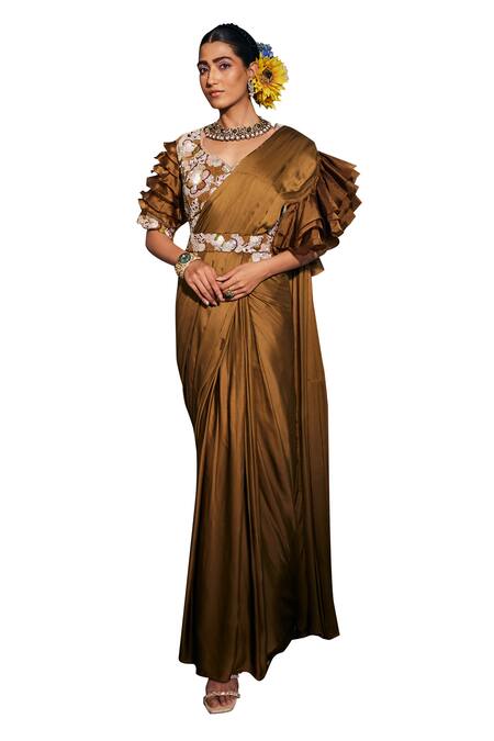 Label Deepshika Agarwal_Brown Organza, Taffeta, Silk Embroidery Pre-draped Ruffled Saree With Blouse _Online_at_Aza_Fashions