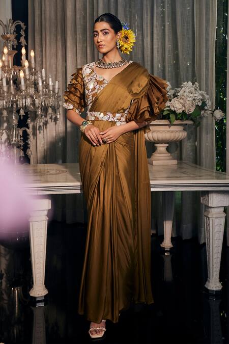 Buy_Label Deepshika Agarwal_Brown Organza, Taffeta, Silk Embroidery Pre-draped Ruffled Saree With Blouse _Online_at_Aza_Fashions