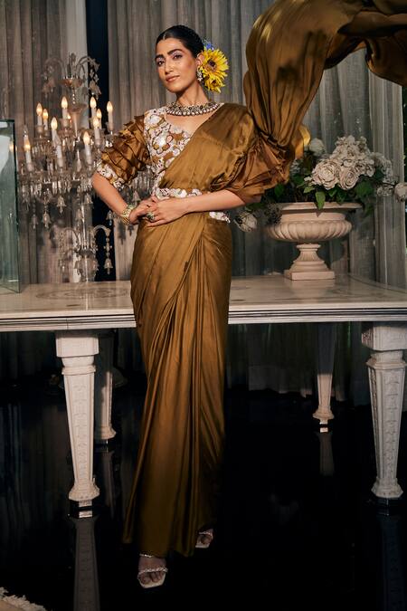 Shop_Label Deepshika Agarwal_Brown Organza, Taffeta, Silk Embroidery Pre-draped Ruffled Saree With Blouse _Online_at_Aza_Fashions