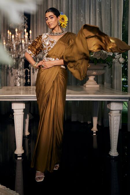 Label Deepshika Agarwal_Brown Organza, Taffeta, Silk Embroidery Pre-draped Ruffled Saree With Blouse _at_Aza_Fashions