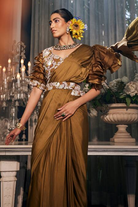 Buy_Label Deepshika Agarwal_Brown Organza, Taffeta, Silk Embroidery Pre-draped Ruffled Saree With Blouse 