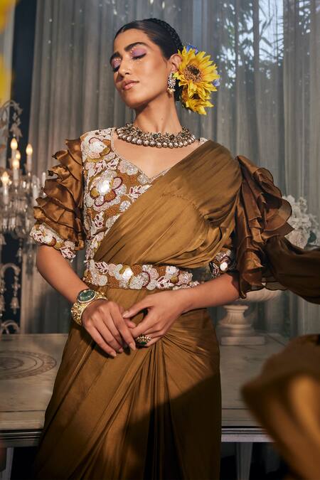 Shop_Label Deepshika Agarwal_Brown Organza, Taffeta, Silk Embroidery Pre-draped Ruffled Saree With Blouse 