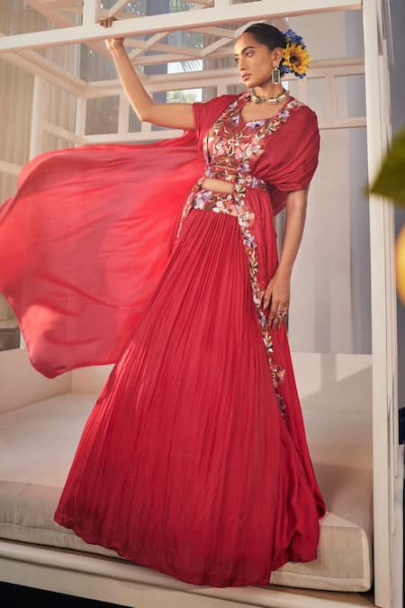 Label Deepshika Agarwal Red Couture Satin Embroidered Floral V Cutwork Cape Skirt Set