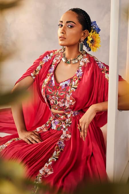 Shop Label Deepshika Agarwal Red Satin, Cotton Embroidery V-neck Floral Cape Skirt Set at Aza Fashions Shop_Label Deepshika Agarwal_Red Satin, Cotton Embroidery V-neck Floral Cape Skirt Set _at_Aza_Fashions