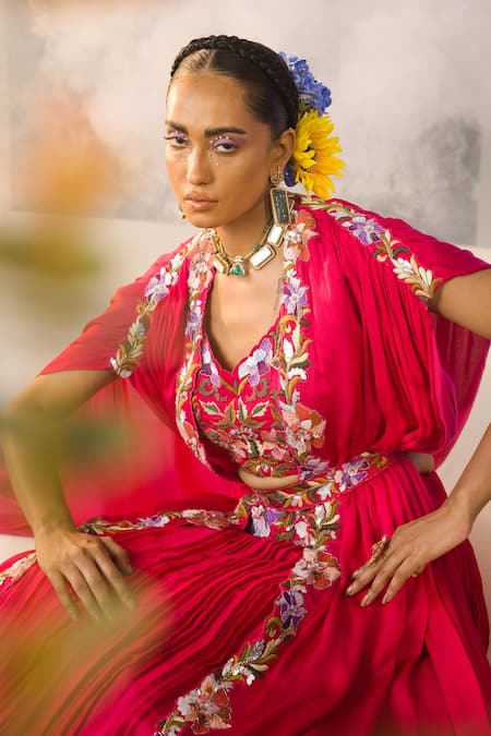 Buy Label Deepshika Agarwal Red Satin, Cotton Embroidery V-neck Floral Cape Skirt Set Online at Aza Fashions Buy_Label Deepshika Agarwal_Red Satin, Cotton Embroidery V-neck Floral Cape Skirt Set _Online_at_Aza_Fashions