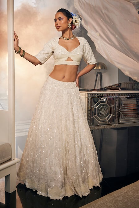 Shop_Label Deepshika Agarwal_White Satin, Organza, Taffeta Sequins, Embroidery Halter Moti Work Lehenga Set _at_Aza_Fashions