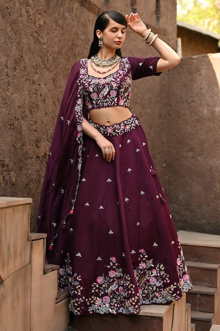 Shop_Label Deepshika Agarwal_Wine Organza, Taffeta, Cotton Embroidery Floral Lehenga Set _at_Aza_Fashions