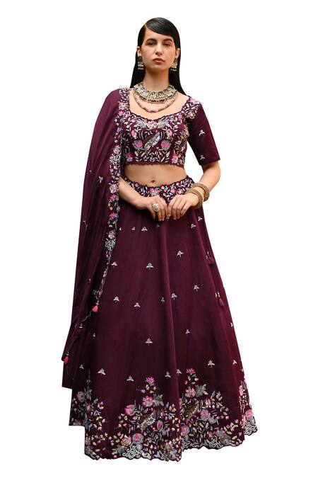Label Deepshika Agarwal Wine Organza, Taffeta, Cotton Embroidery Floral Lehenga Set Online at Aza Fashions Label Deepshika Agarwal_Wine Organza, Taffeta, Cotton Embroidery Floral Lehenga Set _Online_at_Aza_Fashions