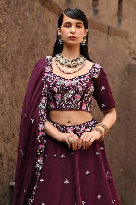 Buy Label Deepshika Agarwal Wine Organza, Taffeta, Cotton Embroidery Floral Lehenga Set Online at Aza Fashions Buy_Label Deepshika Agarwal_Wine Organza, Taffeta, Cotton Embroidery Floral Lehenga Set _Online_at_Aza_Fashions