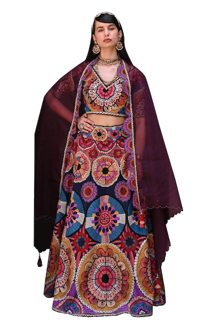 Label Deepshika Agarwal Wine Organza, Taffeta, Cotton, Silk Embroidery Circular Motif Lehenga Set Online at Aza Fashions Label Deepshika Agarwal_Wine Organza, Taffeta, Cotton, Silk Embroidery Circular Motif Lehenga Set _Online_at_Aza_Fashions