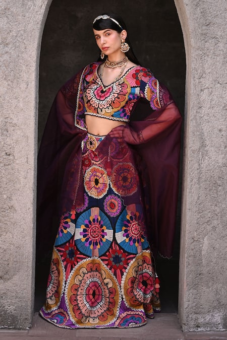 Shop_Label Deepshika Agarwal_Wine Organza, Taffeta, Cotton, Silk Embroidery Circular Motif Lehenga Set _at_Aza_Fashions